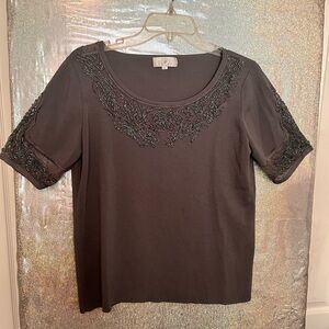Grey Embellished Scoop Neck Women's Top